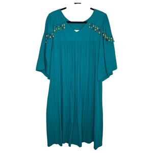 Vtg Two Potato Laguna Beach Dress Women's Size Large Teal Cotton Kaftan Beaded